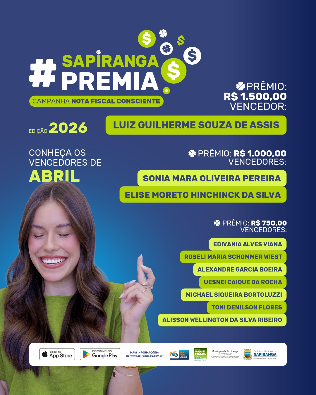 sapiranga premia 2026 - card mensal vencedores ABRIL