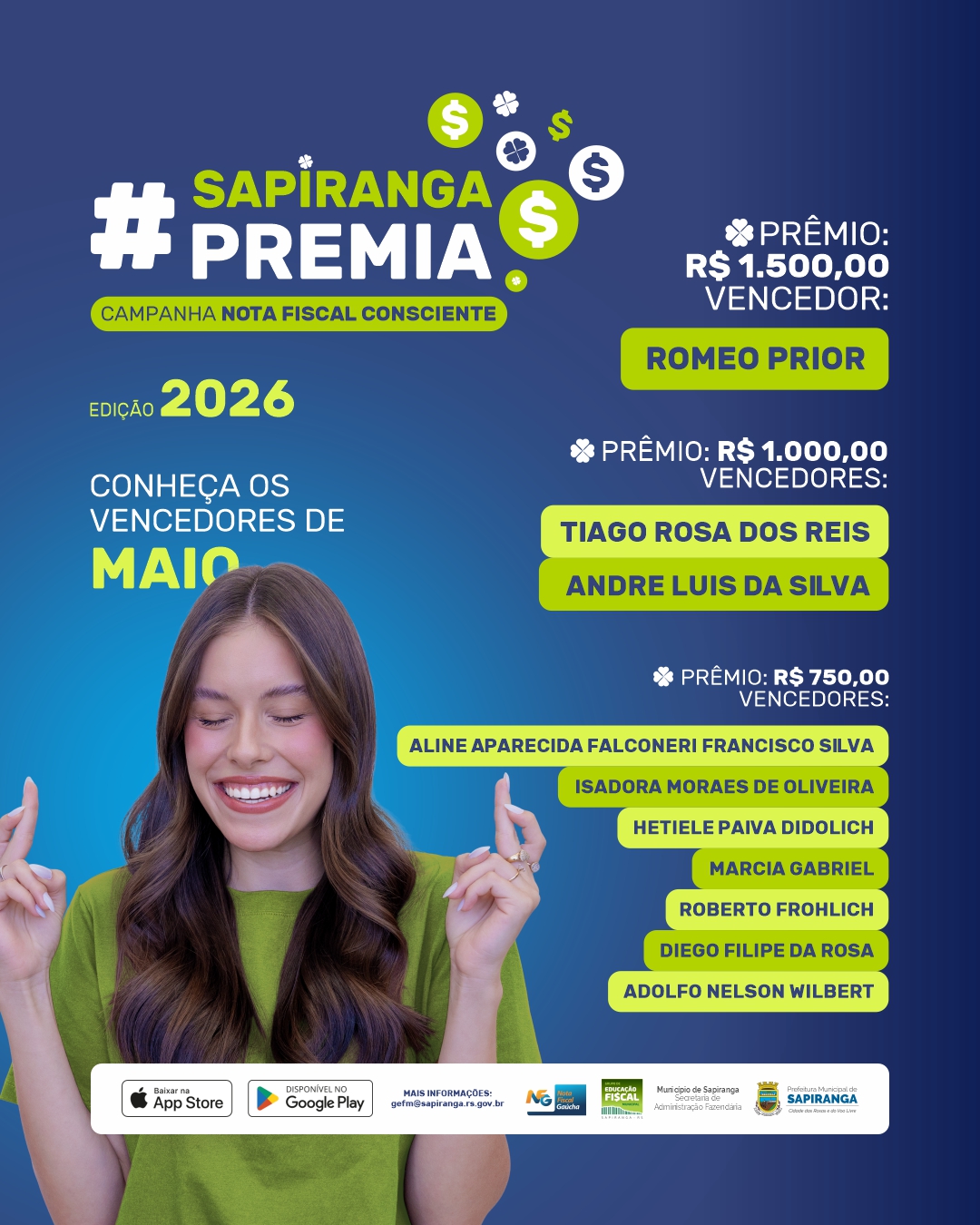 sapiranga premia 2026 - card mensal vencedores MAIO
